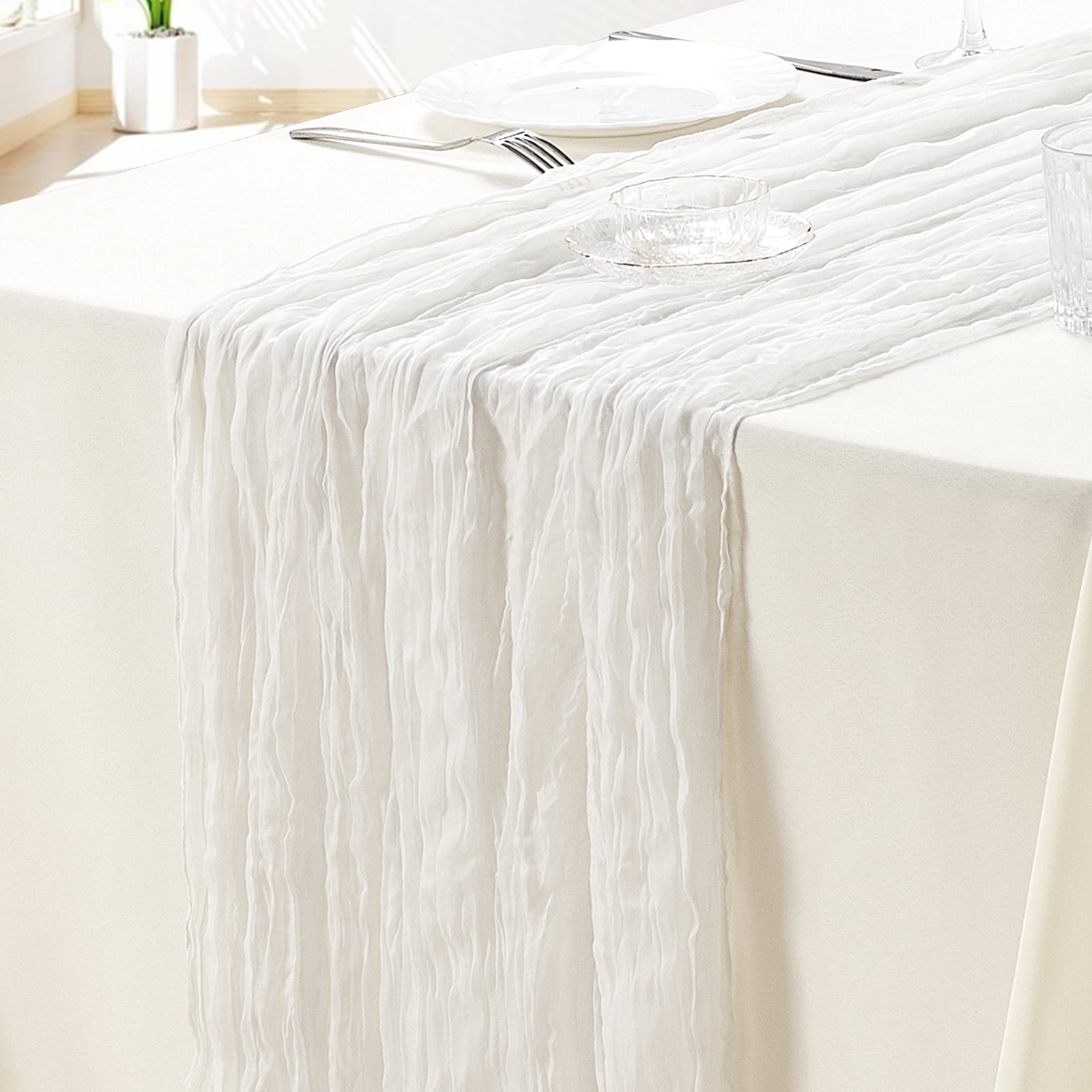 SUNTQ 4 pack Cheesecloth Table Runners,10FT Gauze Boho Cheese Cloth Table Runner for Wedding, Bridal Shower, Rustic Sheer Runner for Fall Thanksgiving Christmas Table Decoration,White