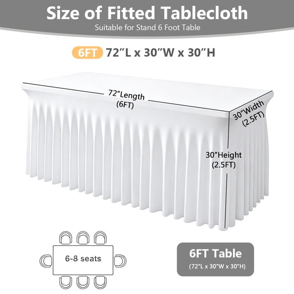 SUNTQ Table Skirt for Rectangle Tables 6ft , Fitted Table Cover for 6 foot table, White Table Cloth for 6 ft Table with Skirt, Wrinkle Resistant Spandex Table Skirt and Table Cloths for Parties