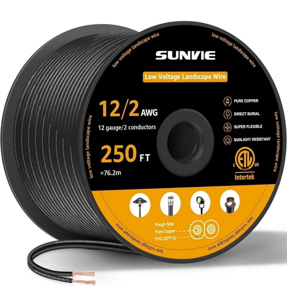 SUNVIE 12/2 Low Voltage Landscape Wire 250FT Outdoor Light Cable 12 Gauge 2 Conductors, Pure Copper