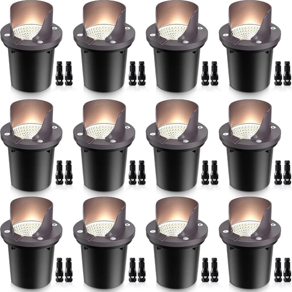 SUNVIE 12 Pack Low Voltage Landscape Lighting 12W LED Outdoor In-Ground Waterproof Shielded Well Lights Warm White Paver with Wire Connectors for Pathway Garden Yard Fence Deck