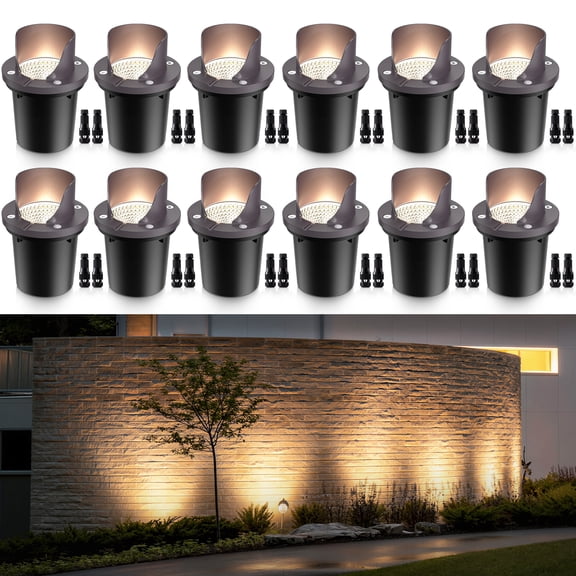 SUNVIE 12 pack Low Voltage Landscape Lighting 12W LED Outdoor In-Ground Waterproof Shielded Well Light with Wire Connector for Pathway Yard Fence Deck