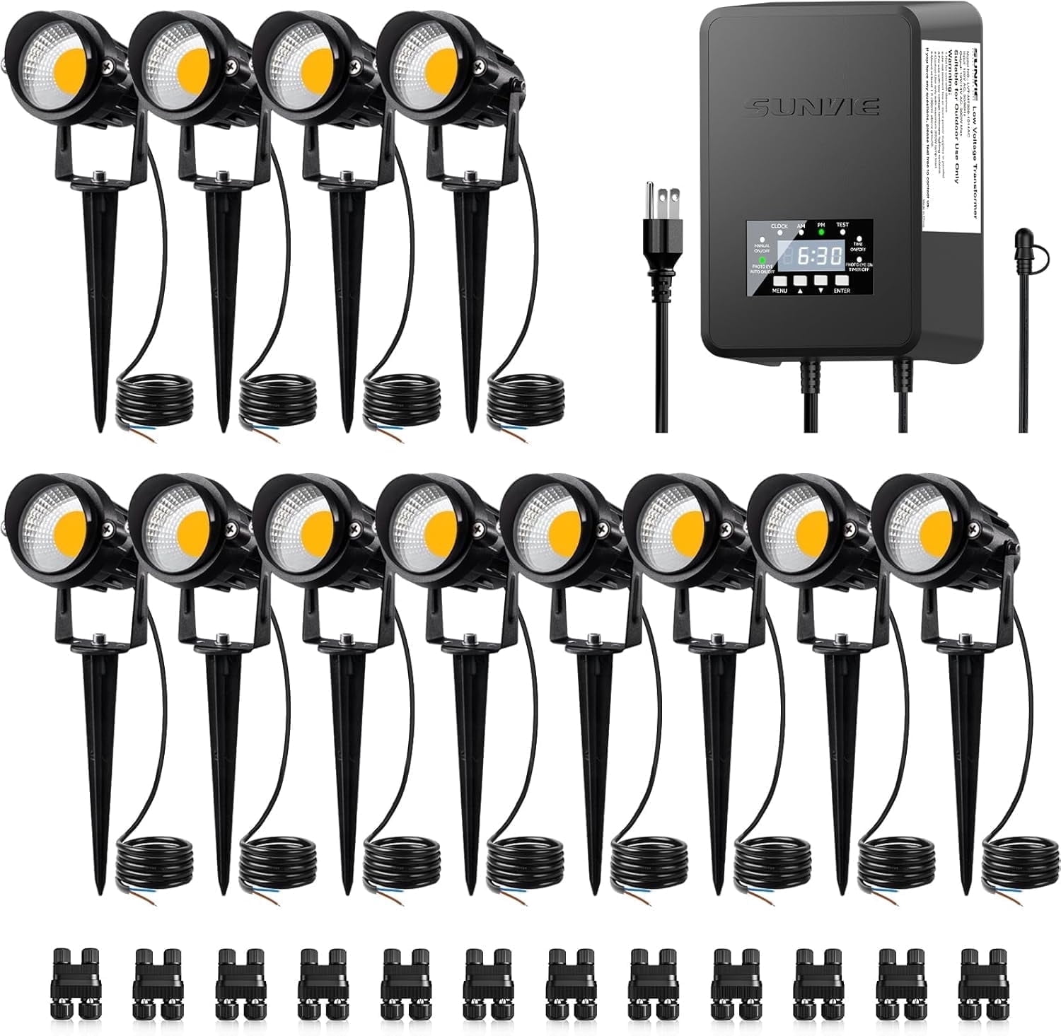 SUNVIE 12 Pack Low Voltage Landscape Lights with 300W Transformer LED Outdoor Spotlight for Garden