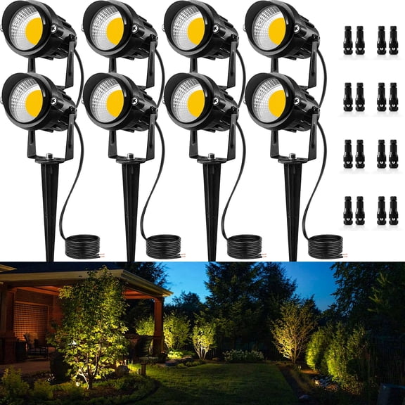 SUNVIE 12W Low Voltage Landscape Lights LED Lighting with Connectors 12V Warm White (900LM) Waterproof Outdoor Spotlights with Spike Stand, 8 pack
