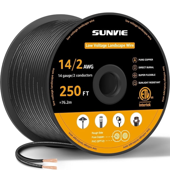SUNVIE 14/2 Low Voltage Landscape Lighting Wire 250FT with Spool Outdoor Landscape Cable 14 Gauge 2 Conductors ETL Listed, Pure Copper, Direct Burial