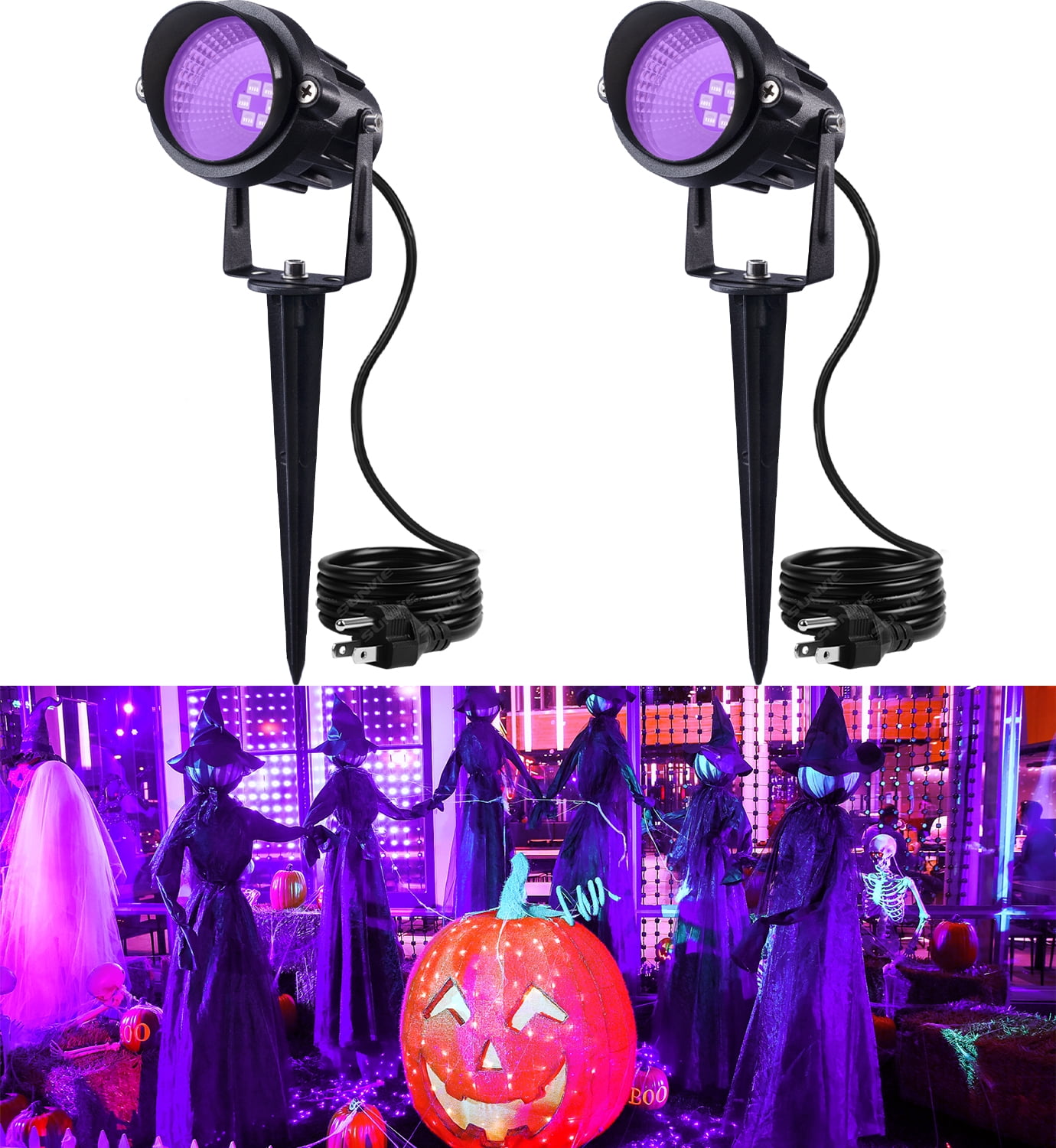 SUNVIE 2 pack Halloween Spotlight Outdoor Black Light Waterproof 12W LED Purple Spot Lights with US Plug for Glow Party Stage