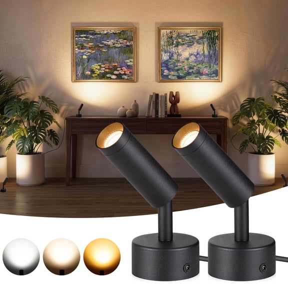 SUNVIE 2 Pack LED Spotlight 3W Dimmable Indoor Uplight with 3000K/4000K/5000K Selectable Color Temperature for Living Room, Bedroom, Corner Lighting