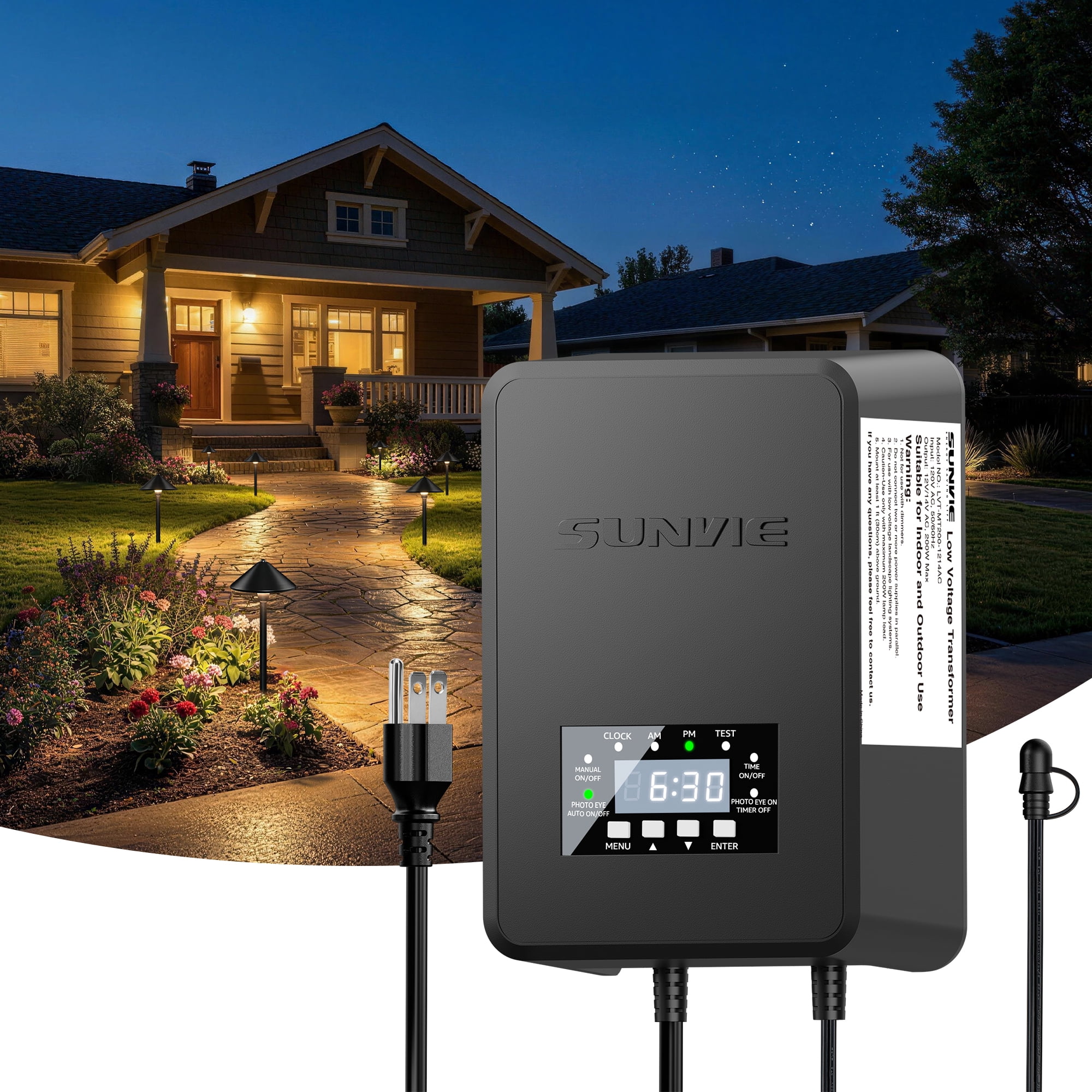 SUNVIE 200W Low Voltage Step Down Transformer for Outdoor Light with Timer and Photocell Sensor