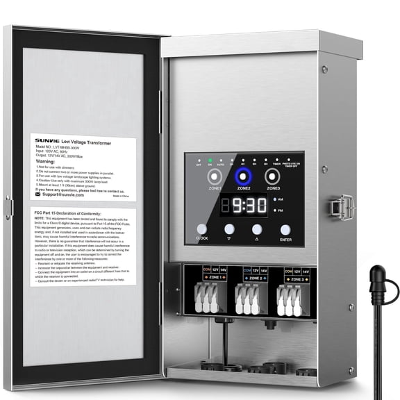 SUNVIE 300W Low Voltage Landscape Transformer 3 Zones Lighting Transformer with Timer & Photocell Sensor 120V to 12V/14V AC for Outdoor Garden