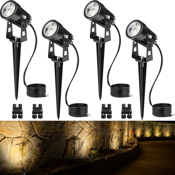 SUNVIE 3W Low Voltage Landscape Lighting LED Spotlights with Connectors Waterproof Lights 3000K Warm White Uplights Outdoor Spot for Yard Garden House, 4 Pack