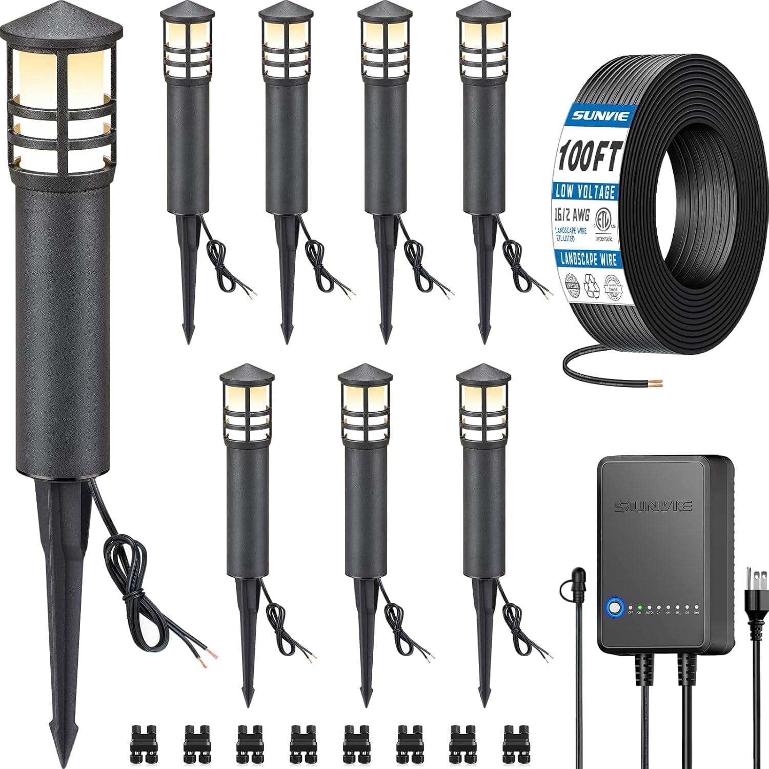 SUNVIE All-in-One LED Low Voltage Landscape Lighting Kit, 8-Pack Pathway Lights with Transformer and 100FT 16/2 AWG Wire and Connectors for Walkway Garden Yard