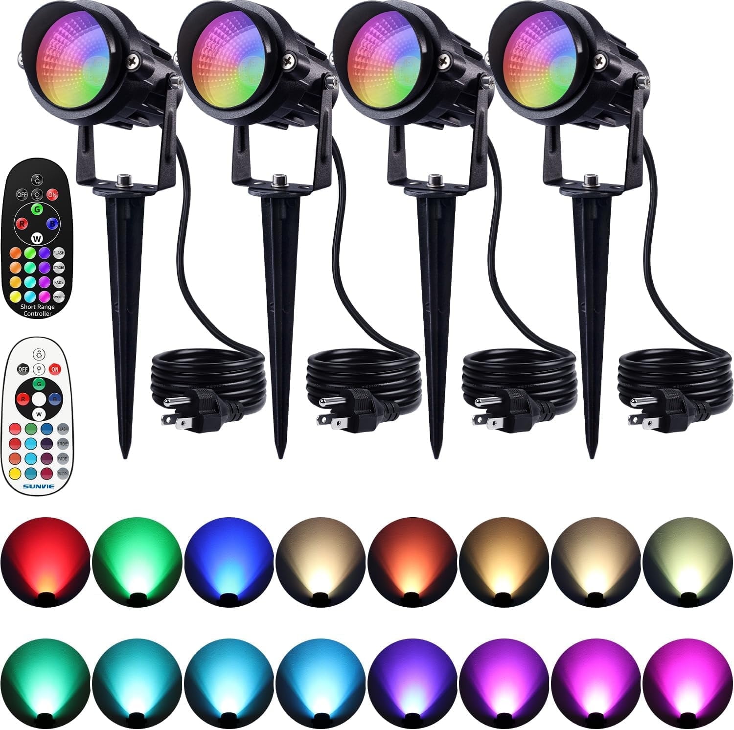 SUNVIE 12W RGB Color Changing LED Outdoor Spotlights with Remote, 4 Pack