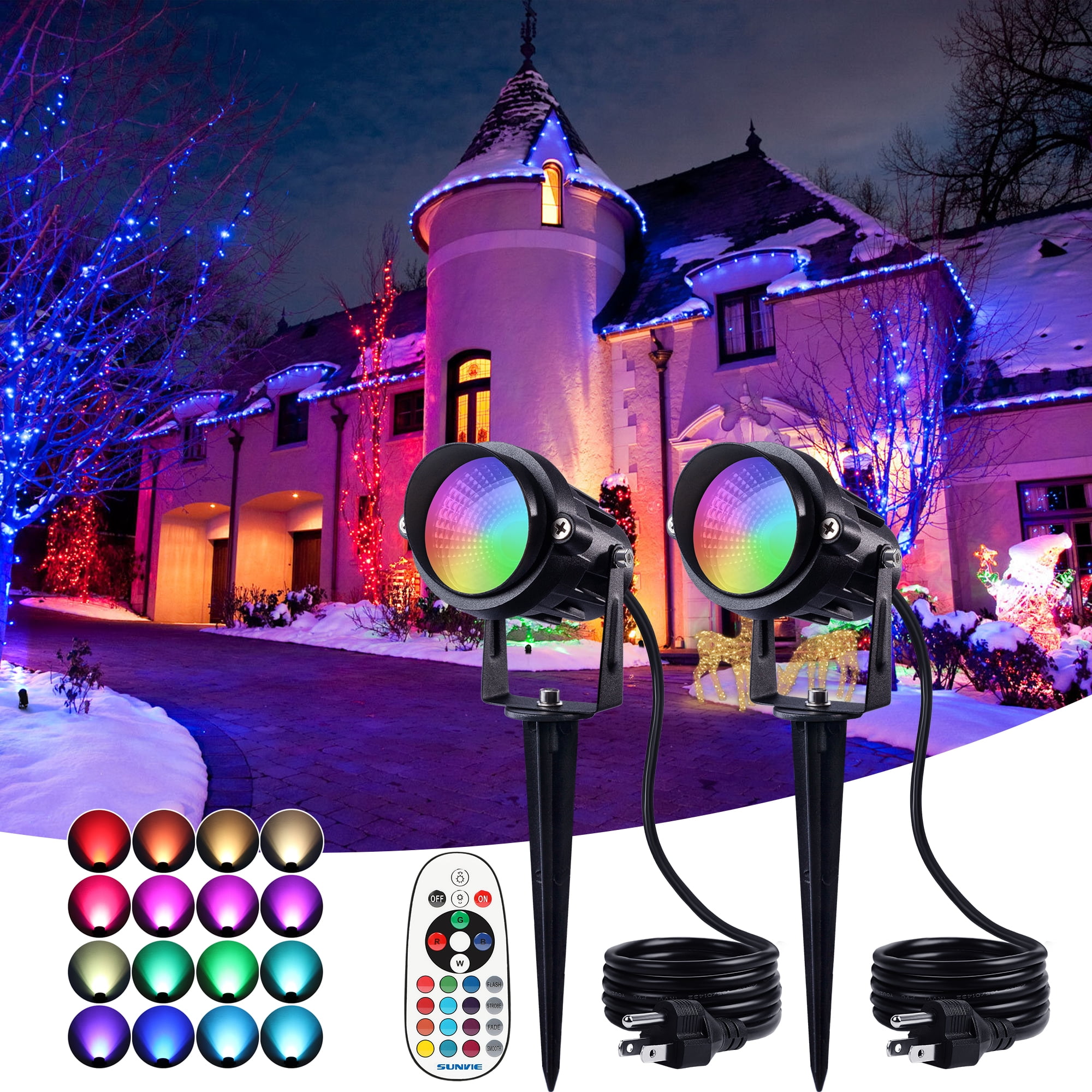 SUNVIE RGB Outdoor Spotlight 12W LED Color Changing Landscape Lights with Remote Control 120V Waterproof Landscape Lighting, 2 Pack