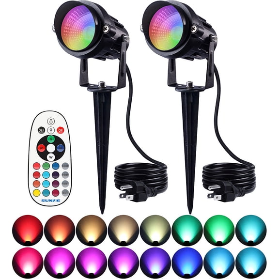 SUNVIE RGB Outdoor Spotlight 12W LED Color Changing Landscape Lights with Remote Control 120V Waterproof Landscape Lighting, 2 Pack