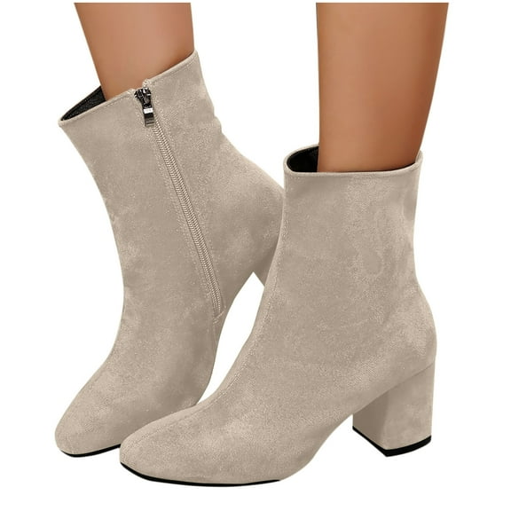 SUNVIT Beige Flock Ankle Boots for Women - Size 38, Block Heel, Side Zip, Pointed Toe, Suede-Like Texture, Comfortable for Daily & Office Wear