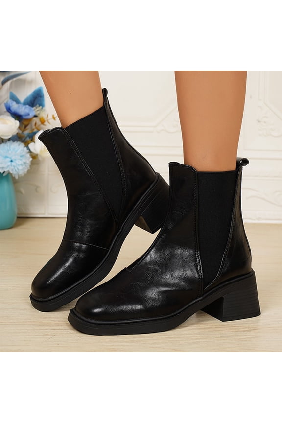 Black Chelsea Boots for Women Size 39 - PU Faux Leather, Comfortable Chunky Heel, Elastic Panels, Versatile for Daily Errands, Work & Semi-Formal All-Day Wear