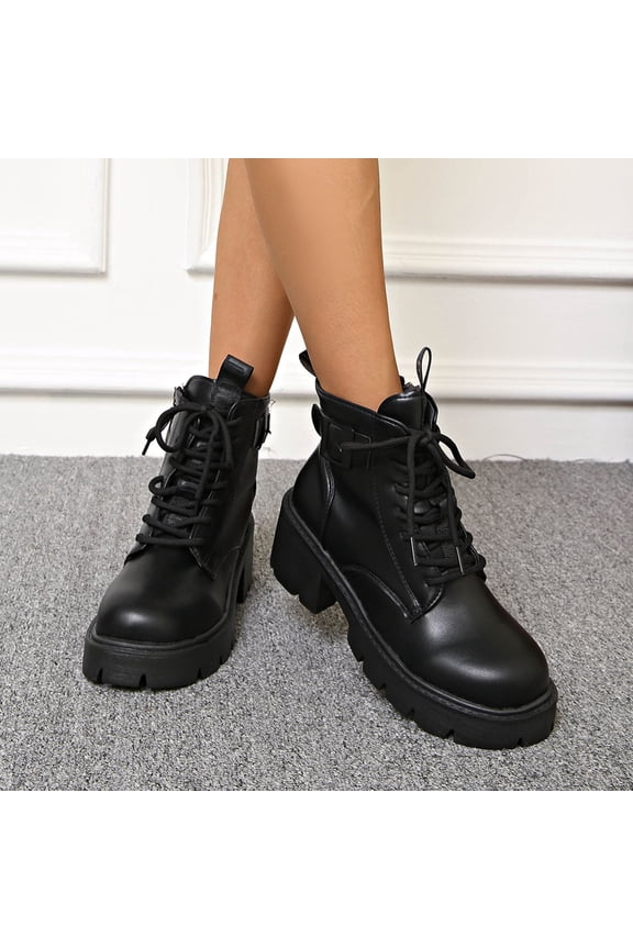 Black Chunky Platform Combat Boots for Women - Size 42, PU Material, Lace-Up Buckle, Easy-Care & All-Day Comfort for Casual Daily Wear