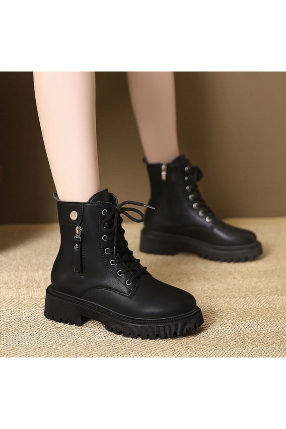 AVRNLIQ Black Combat Boots for Women Size 41 - Chunky Platform, Side Zipper & Lace-Up, PU Material, Cushioned All-Day Wear, Durable for Daily/Casual Use