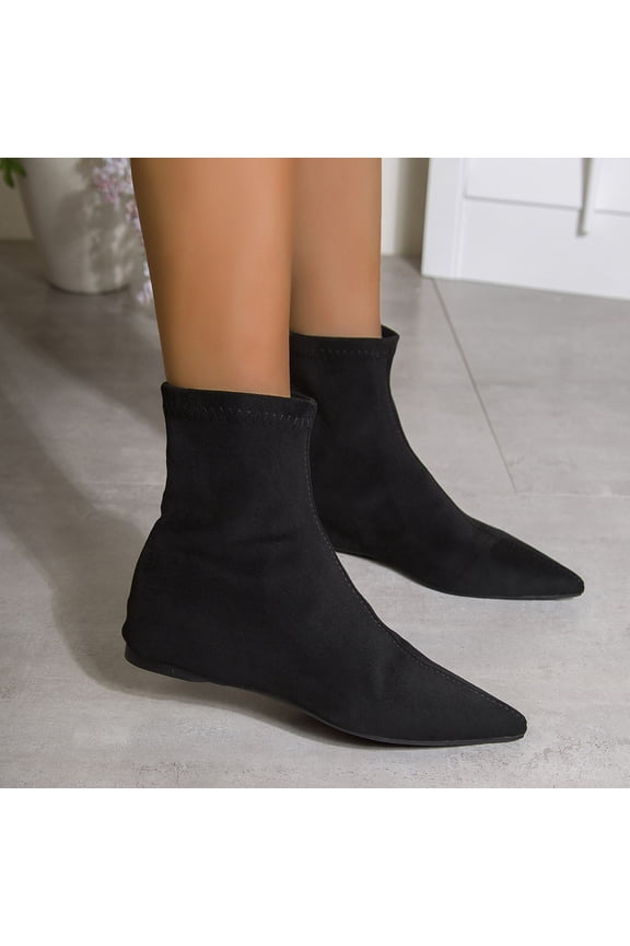 Black Fashion Ankle Boots for Women Size 42 - Pointed Toe, Stretchy Flock Material, Snug Fit, All-Day Comfort, Versatile for Office & Casual Wear