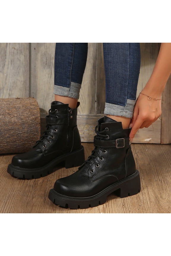 AVRNLIQ Black Womens Platform Boots - Thick Sole, PU Faux Leather-Like, Side Zipper & Buckle, US Size 12 (EU 43) - Comfortable for Casual/Street Style