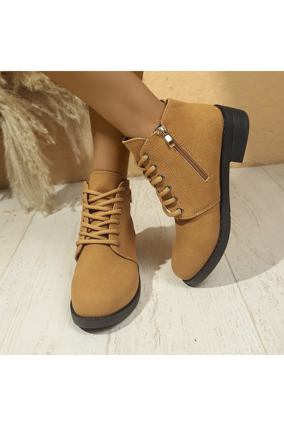 Brown Flock Ankle Boots for Women - Low Block Heel, Lace-Up & Side Zipper, Heart Ornament, Soft Skin-Friendly, Size 38, Ideal for Casual/Daily/Office Wear