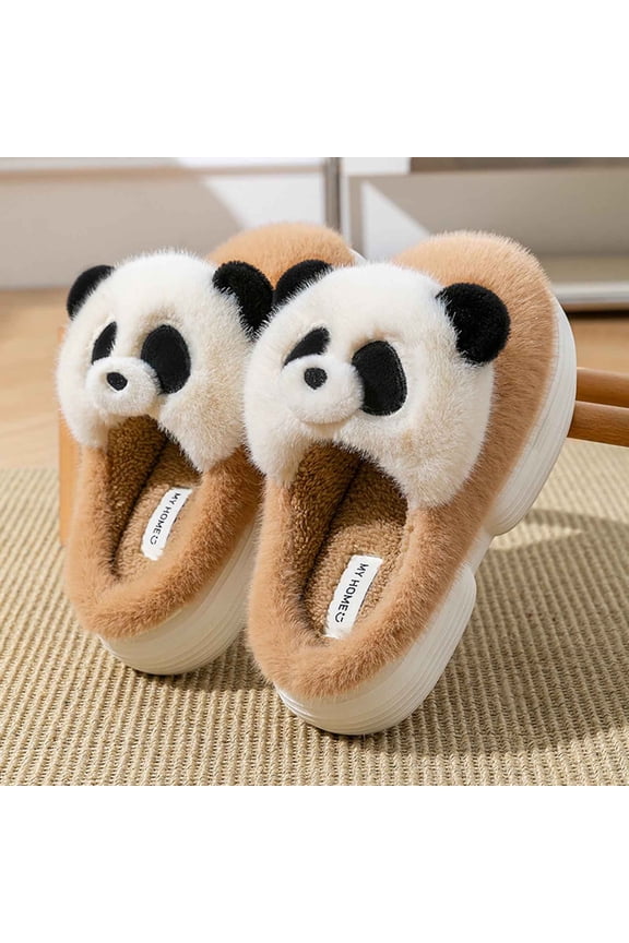 Cute Womens Brown 3D Panda Face Pl-sh Flock Slippers - Warm Slip-on Platform Sole, Indoor Home Slippers for Female,Size 36