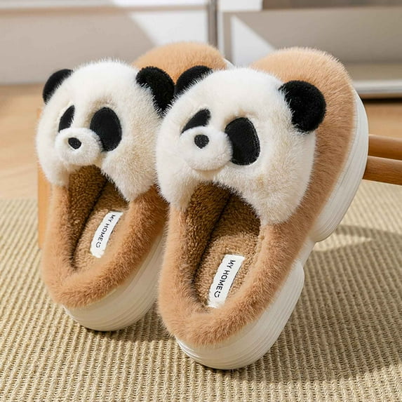 SUNVIT Cute Womens Brown 3D Panda Face Pl-sh Flock Slippers - Warm Slip-on Platform Sole, Indoor Home Slippers for Female,Size 40