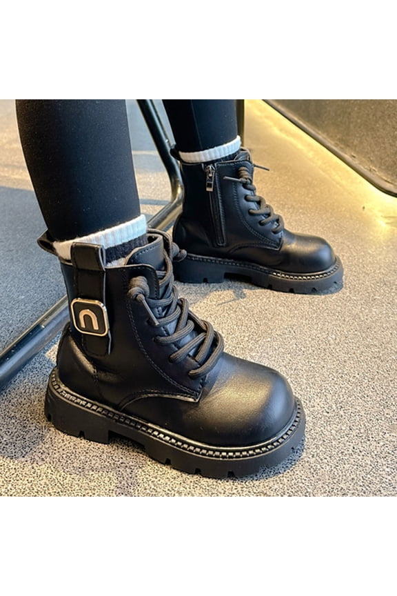 Girls' Combat Boots for 4-12 Years, Black PU Boots with Side Zipper & Thick Sole, Size 26, Easy Clean for School/Everyday Wear