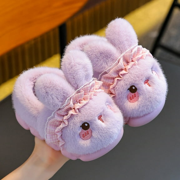 SUNVIT Purple Unisex Bunny Slippers 100% Polyester - Warm Fuzzy Enclosed-Toe Indoor Slippers for Kids & Adults, Cute Cartoon Design with Fluffy Ears,Size 34