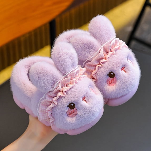 AVRNLIQ Purple Unisex Bunny Slippers 100% Polyester - Warm Fuzzy Enclosed-Toe Indoor Slippers for Kids & Adults, Cute Cartoon Design with Fluffy Ears,Size 34