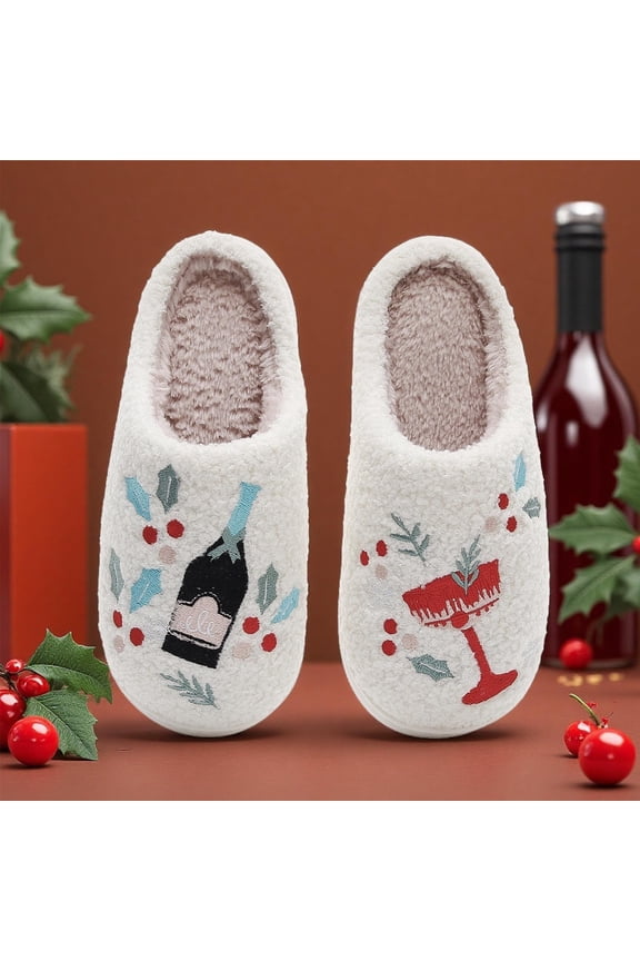 Unisex White Christmas Slippers - Pl-sh Backless Mules, Non-Slip Indoor, Embroidered Holly Berries, EU 36-44, Cozy Festive Holiday House Shoes,Size 44