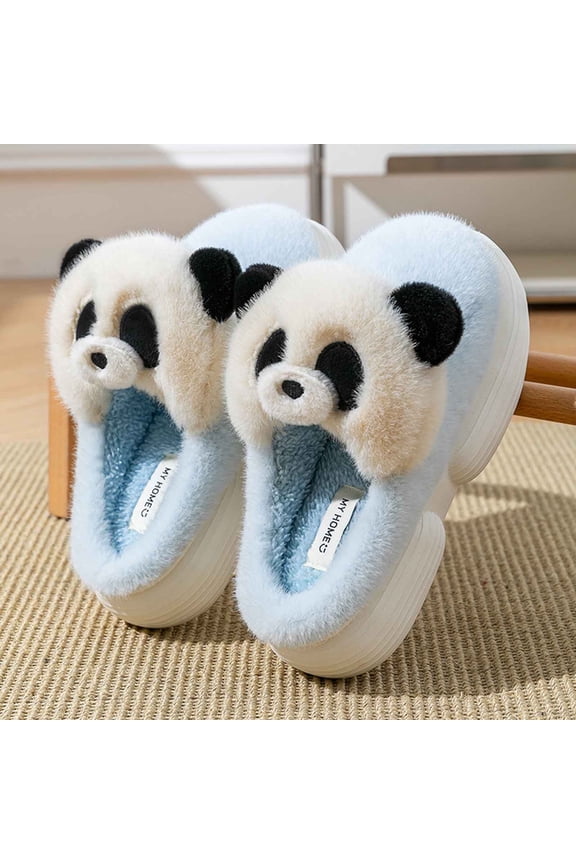 Warm Womens Blue 3D Panda Face Pl-sh Flock Slip-on Slippers - Sturdy Platform Sole, Cute Indoor Home Slippers for Female,Size 36