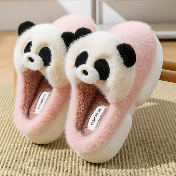 SUNVIT Warm Womens Pink 3D Panda Face Pl-sh Flock Slip-on Slippers - Cute Platform Sole, Indoor Home Slippers for Female,Size 38