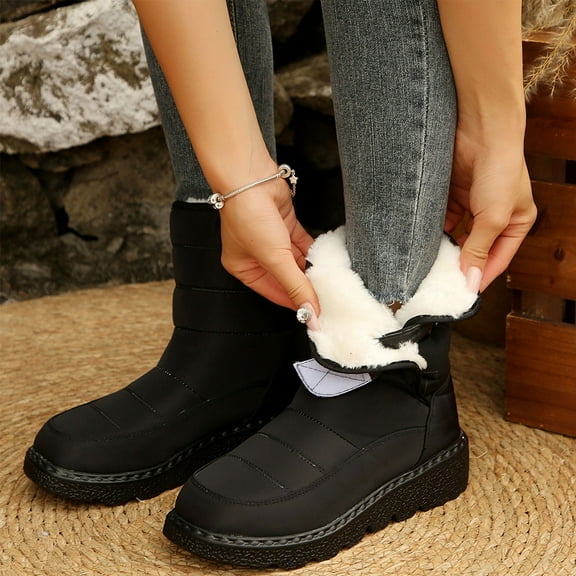 SUNVIT Waterproof Fleece Lined Womens Winter Snow Boots - Non-Slip Mid-Calf, Hook and Loop Closure, Black, Size 40
