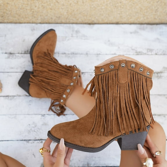 SUNVIT Western Bohemian Womens Fringe Mid-Calf Boots - Brown, Size 37, Studded Accents, Flock Material & Comfortable Block Heel