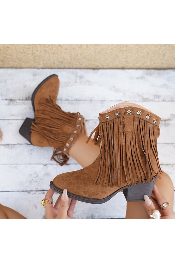 Western Bohemian Womens Fringe Mid-Calf Boots - Brown, Size 42, Flock Material, Studded Accents & Comfortable Block Heel