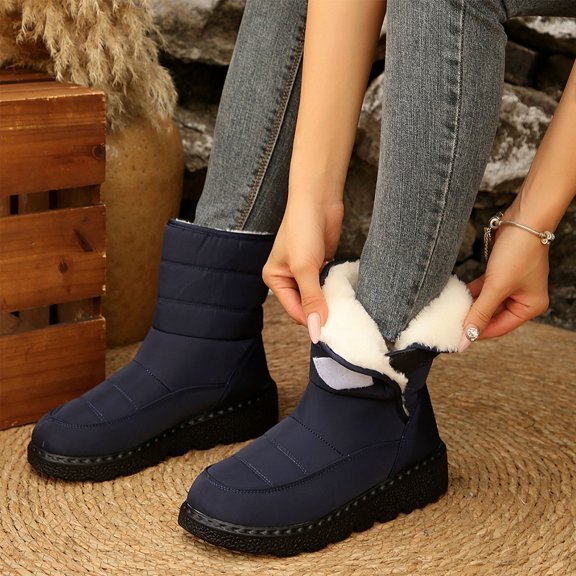 SUNVIT Winter Snow Boots for Women - Non-Slip, Warm Fleece-Lined Water-Resistant Mid-Calf Boots with Hook-and-Loop Strap, Blue, Size 39