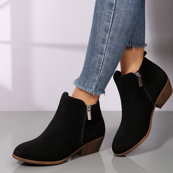 SUNVIT Womens Ankle Boots, Comfortable Block Heel Flock Material - Black, Size 36, Versatile for Daily Wear & Semi-Formal Use