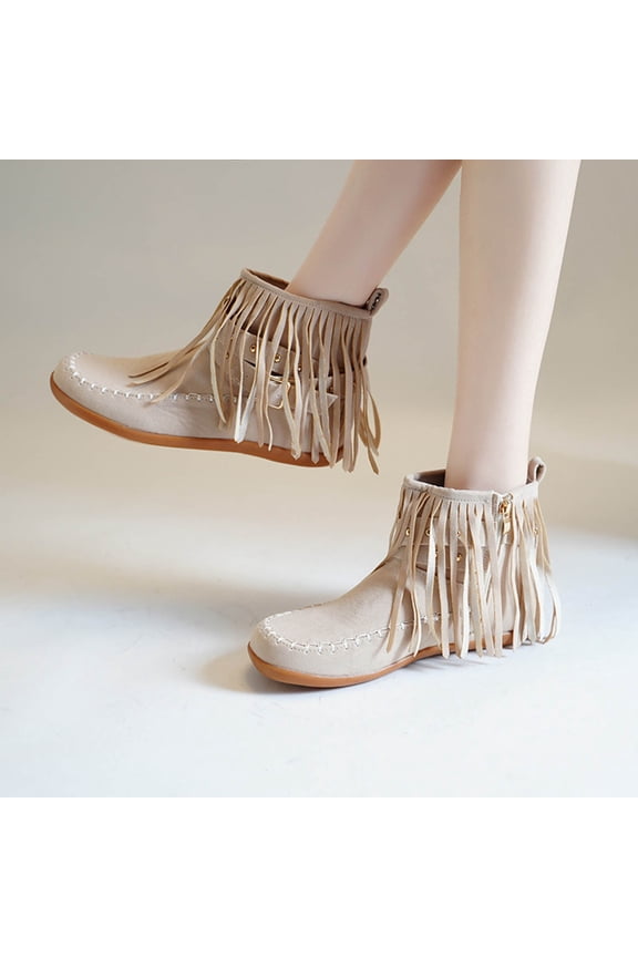 Womens Beige Boho Fringe Ankle Boots - Soft Flocked with Gold Studs, Side Zipper, US 6 (EU 37), Casual Comfortable for Daily Outings