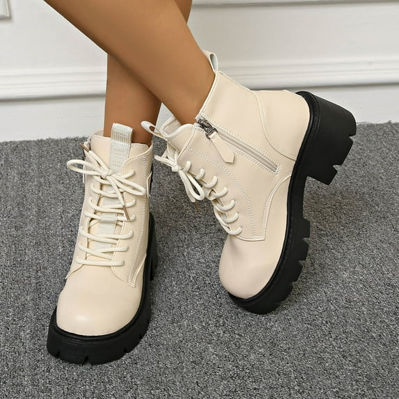 SUNVIT Womens Beige Chunky Platform Combat Boots - PU Material, Lace-Up with Buckle, Size 36, Comfortable & Easy-Care for Daily Casual/Edgy Outfits