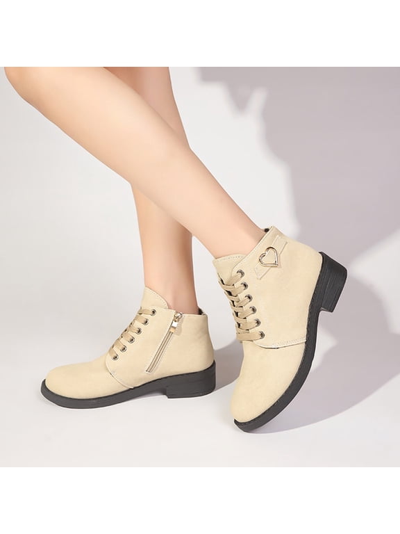 AVRNLIQ Womens Beige Flock Ankle Boots - Low Block Heel, Lace-Up w/Side Zipper, Heart Ornament, Size 36