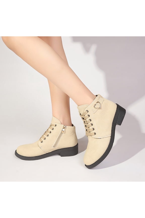 AVRNLIQ Womens Beige Flock Ankle Boots - Low Block Heel, Lace-Up w/Side Zipper, Heart Ornament, Size 36