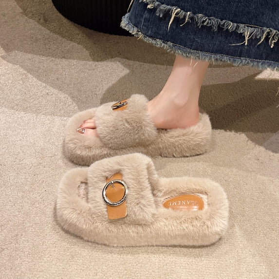 SUNVIT Womens Beige Fuzzy Slide Slippers - Warm Cozy Open-Toe with Metal Buckle, Indoor Outdoor Soft Slippers for Female, EU 36-42/US 5-9,Size 38