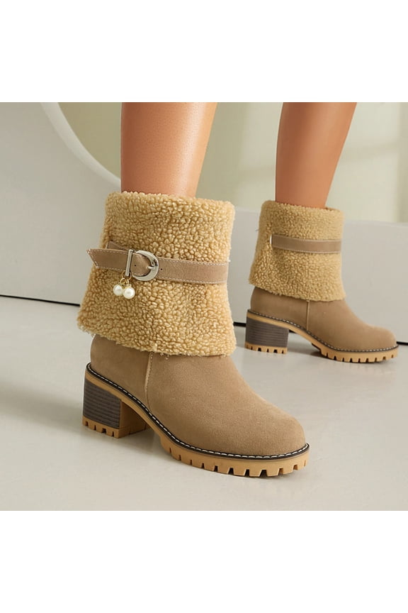 Womens Beige Warm Ankle Boots - Plush-Lined, Block Heel, PU Material with Pearl Buckle, Size 35, Ideal for Winter Casual/Commuting