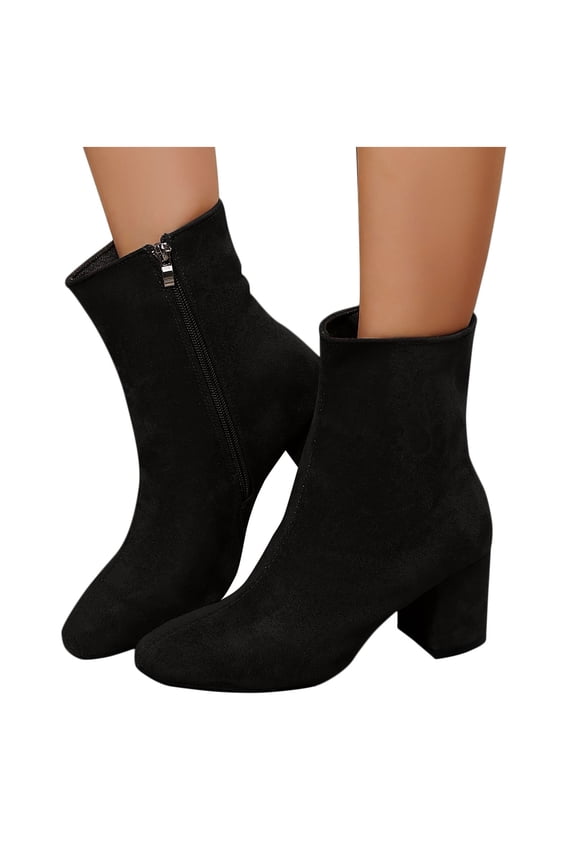 Womens Black Ankle Boots - Flock Material, Block Heel & Pointed Toe, Side Zip Closure, Comfortable Stable Design for Daily/Office Wear, Size 40