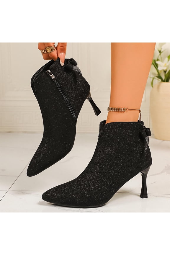 Womens Black Ankle Boots - High-Quality PU, Glitter Texture, Pointed Toe, Stiletto Heel, Side Bow & Zipper, Size 36