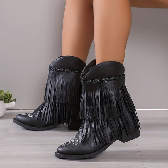 SUNVIT Womens Black Bohemian Fringe Boots - Size 42, Easy-Clean PU Material, Pointed Toe & Double-Layer Fringe, Great for Western Events & Casual Wear