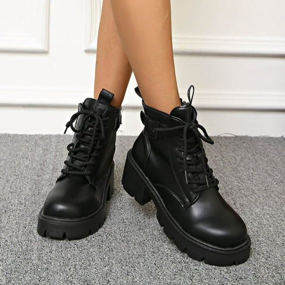 SUNVIT Womens Black Combat Boots - PU Material, Chunky Platform Sole, Lace-Up with Buckle, Size 36, Easy-Care, All-Day Comfort for Casual Daily Wear