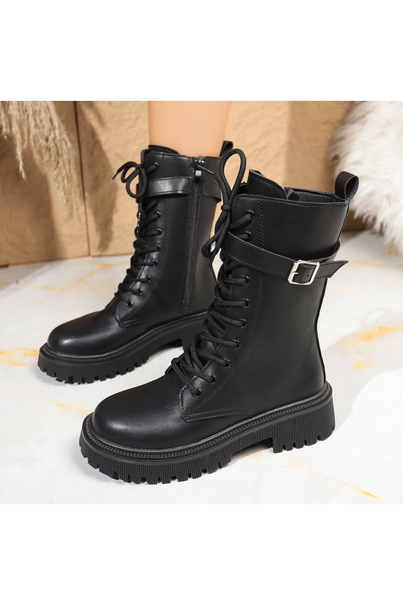 Womens Black Combat Boots Size 38 - Mid-Calf PU Style with Platform Sole, Lace-Up & Side Zipper, Treaded Sole for All-Day Comfort