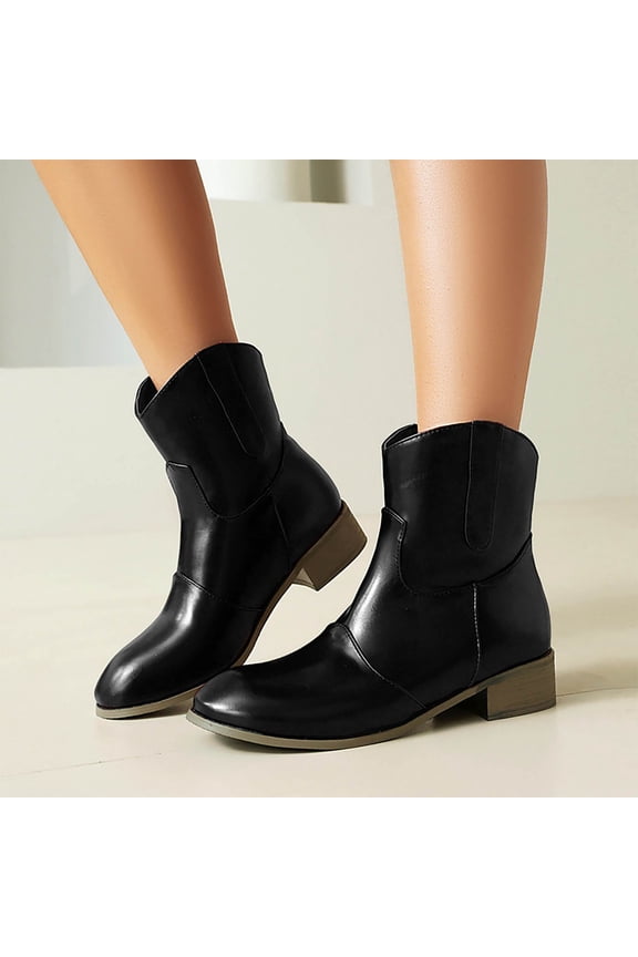 Womens Black Faux Faux Leather Ankle Boots - Low Block Heel, Comfortable All-Day Wear, Fall Winter, US Size 5 (EU 36)