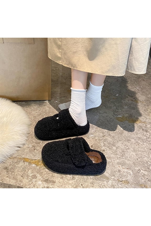 Womens Black Fuzzy Closed-Toe Slippers - Non-Slip Warm Nylon-Spandex Slippers with Adjustable Strap for Ladies’ Indoor Home Use,Size 36